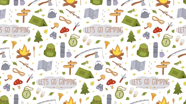 Vector vector camping patrón sin costura mochilero y senderismo colorido doodle fondo equipo de turismo local para el campamento de verano