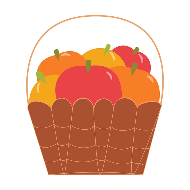 Vector de una canasta de mimbre llena de manzanas y naranjas