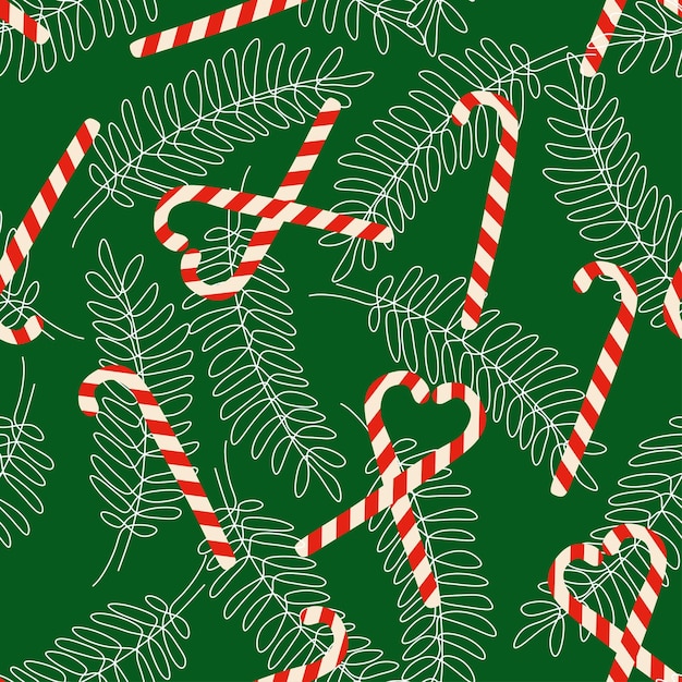 Vector Candy canes patrón sin costuras con ramas de abeto contorno Ilustración de estilo plano para Navidad