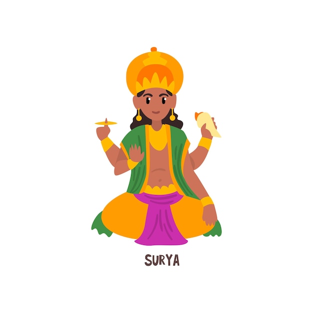 Vector de caracteres de dibujos animados de Dios indio Surya ilustración aislada sobre fondo blanco