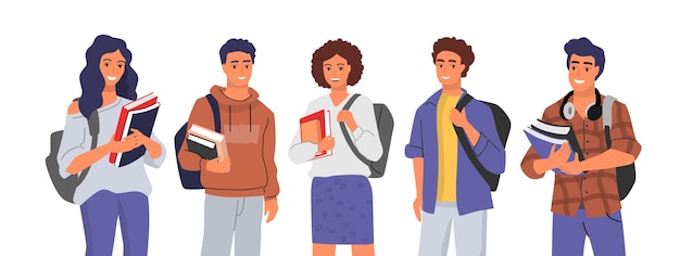 Vector de caracteres del estudiante. Personas con libros y mochilas.