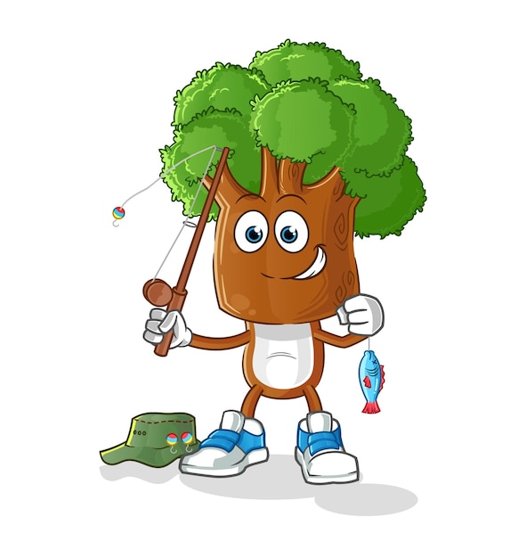 Vector de caracteres de ilustración de pescador de dibujos animados de cabeza de árbol