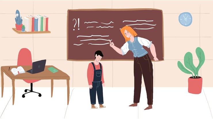 Vector, caricatura, plano, maestro, carácter, jura, gritos, en, estudiante, molesto, niño, deprimido., Saludable, en, escuela, relaciones, emociones, comportamiento social, y, psicología, concepto, sitio web, bandera, anuncio, diseño