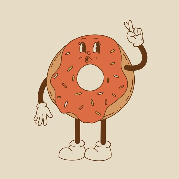 Vector, caricatura, retro, mascota, de, pan, pastelería, hamburguesa, sándwich, estilo vintage, 70s, 60s, 50s, carácter, groovy, arte, para, panadería, y, restaurantes
