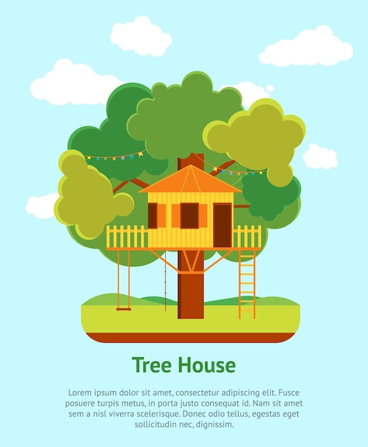 Vector de cartel de tarjeta de casa de árbol de dibujos animados