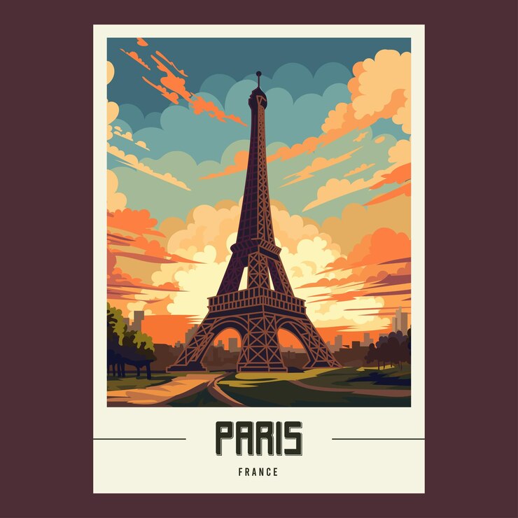 Vector vector de carteles de viajes antiguos de la torre eiffel