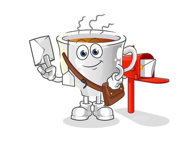 Vector de cartero de taza de té. personaje animado