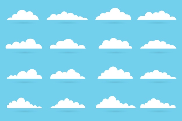Vector Cartoon Cloud Set White Flat Cloud Icons on Blue Sky Background
