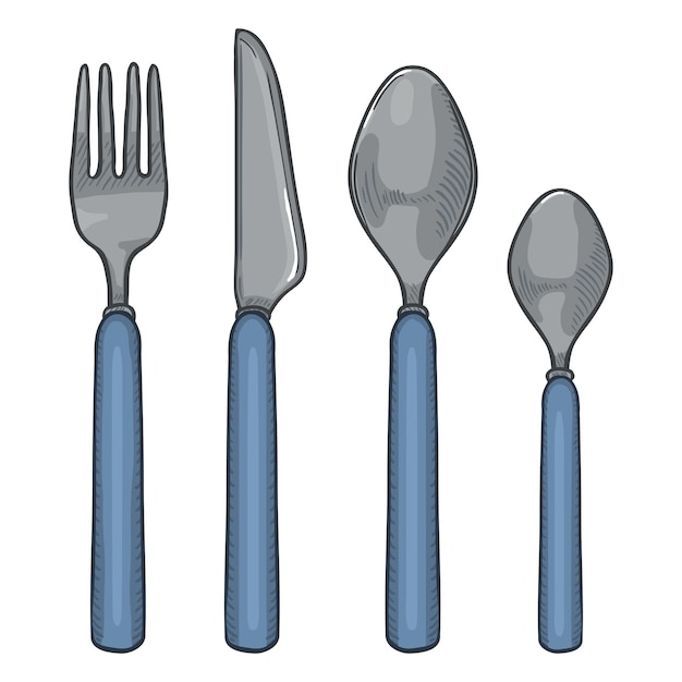 Vector Cartoon Color Set de Cubiertos con Mangos de Plástico Azul Cuchillo Tenedor Cuchara Cucharadita
