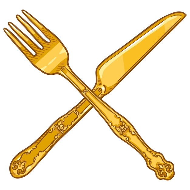 Vector Cartoon Crossed Cubiertos Vintage Golden Tenedor y cuchillo