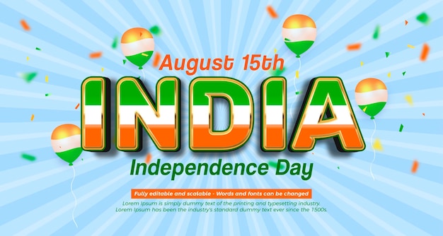 Vector celebra el día de la independencia de la India con efecto de texto editable