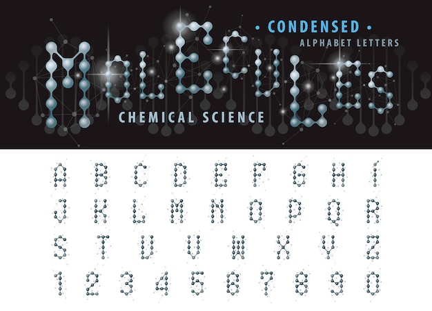 Vector de la célula de la molécula abstracta Letras del alfabeto y números, fuentes condensadas