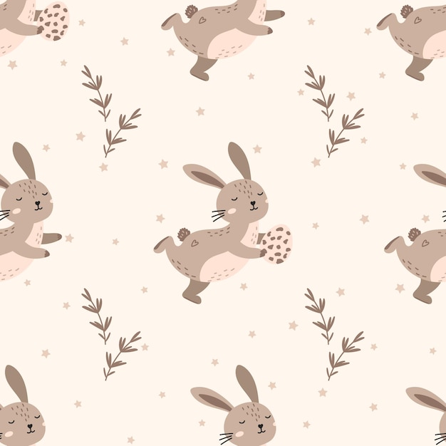 Vector Charmoso patrón de conejo sin costuras inspirado en el bosque acentos florales boho diseñados para la Pascua