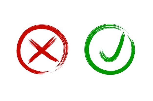 Vector Check y Cross Grunge Señales dibujadas a mano aisladas sobre fondo blanco Iconos verdes y rojos