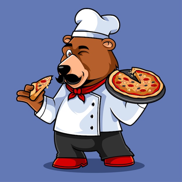 Vector chef oso sosteniendo pizza dibujos animados lindo