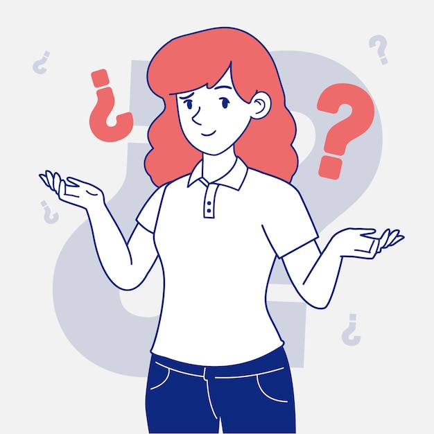 El vector de una chica de cabello rojo se encuentra frente a un fondo gris con signos de interrogación