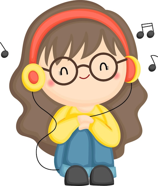 un vector de una chica escuchando música usando un auricular