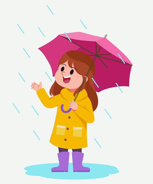 Vector chica feliz usar paraguas día de lluvia