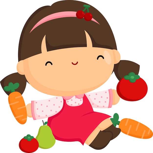 Vector un vector de una chica linda con muchas verduras y frutas