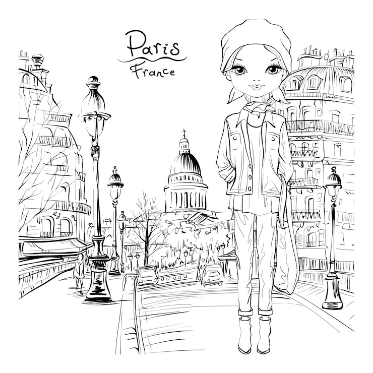 Vector vector chica linda con ropa de otoño en parís francia ilustración en blanco y negro para libro de colorear