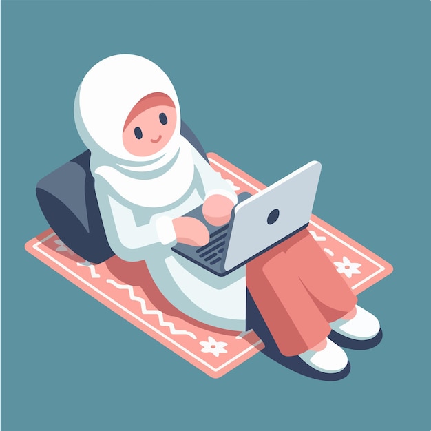 Vector de una chica musulmana acostada con una computadora portátil