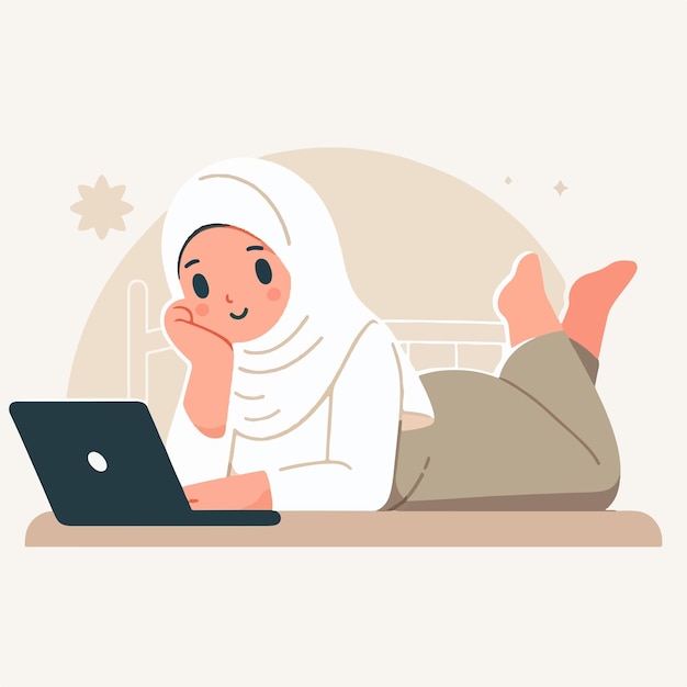 Vector de una chica musulmana acostada con una computadora portátil
