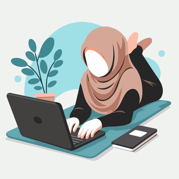 Vector de una chica musulmana acostada con una computadora portátil