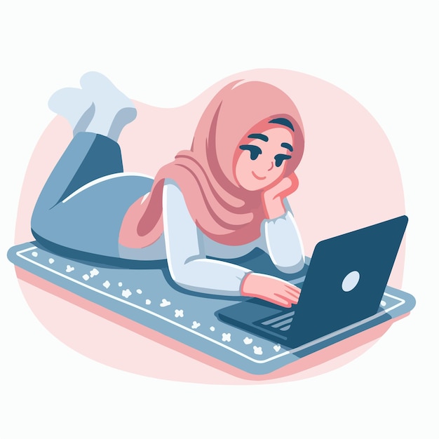 Vector de una chica musulmana acostada con una computadora portátil