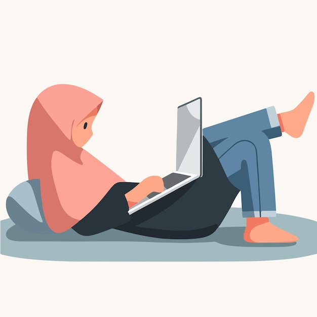 Vector de una chica musulmana acostada con una computadora portátil
