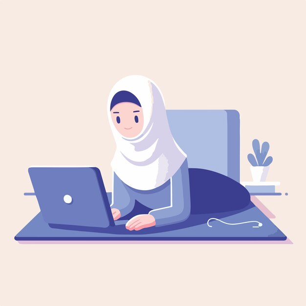 Vector de una chica musulmana acostada con una computadora portátil