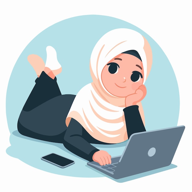 Vector de una chica musulmana acostada con una computadora portátil