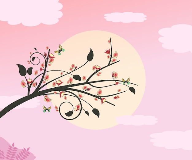 vector cielo del atardecer con árbol de flor rosa