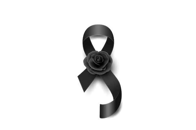 Vector cinta de seda negra con plantilla de diseño de rosa negra para tarjeta de funeral banner invitación cinta de conciencia negra aislada en fondo blanco icono para el símbolo de luto de oración