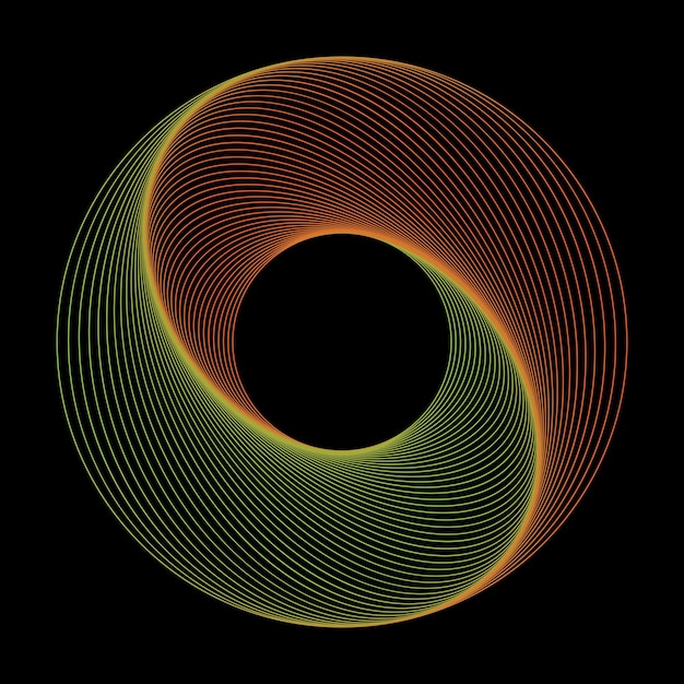 Vector de círculo de arte de línea geométrica verde y naranja brillante. espiral de rayas de luz de neón de forma cero 0.