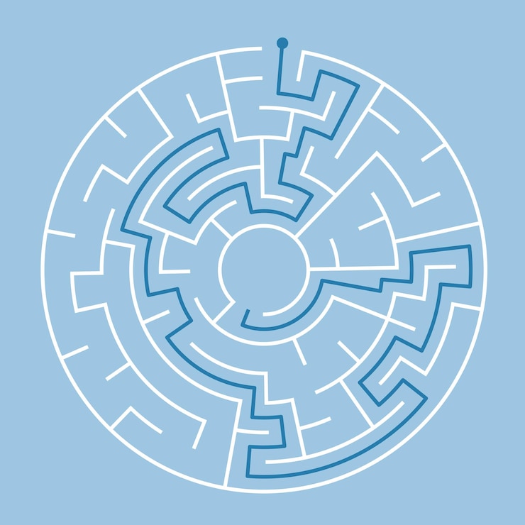 Vector vector círculo laberinto aislado en fondo azul educación juego de lógica laberinto para niños con la solución