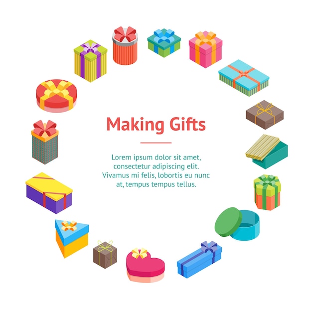 Vector de círculo de tarjeta de banner de cajas de regalo de dibujos animados