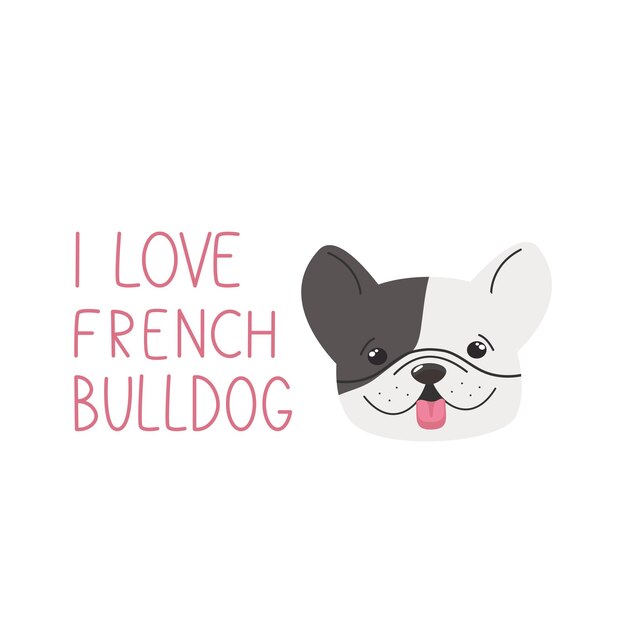 Vector clásico de bulldog francés con texto Me encanta el bulldog francés aislado sobre fondo blanco