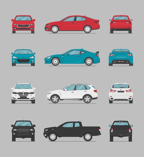 Vector de coches de colores de diferentes lados