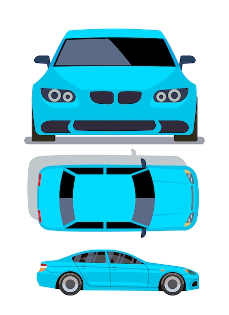 Vector de coches de estilo plano en diferentes vistas. ilustración de la vista frontal, superior y lateral del auto sedán azul