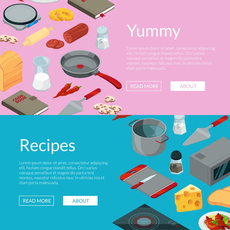 Vector vector de cocina comida objetos isométricos pancartas ilustración