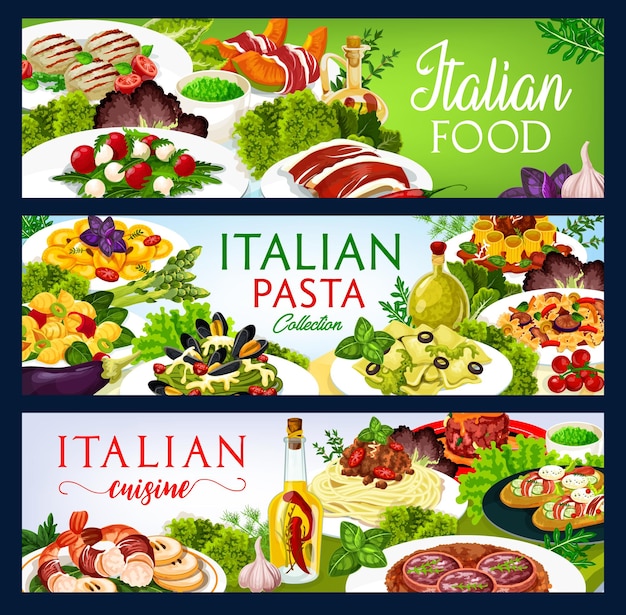 Vector vector de cocina italiana banderas de platos de comida de italia