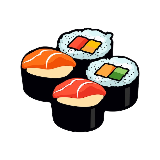 Vector cocina japonesa conjunto de rollos de sushi aislados en blanco pegatina de alimentos ilustración vectorial plana