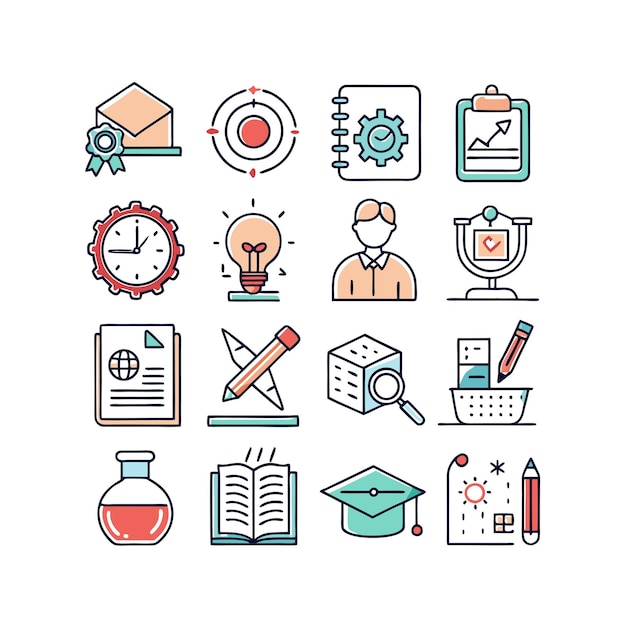 Vector de colección de conjuntos de iconos de educación y aprendizaje para documentos de interfaz de usuario, sitios web y aplicaciones móviles