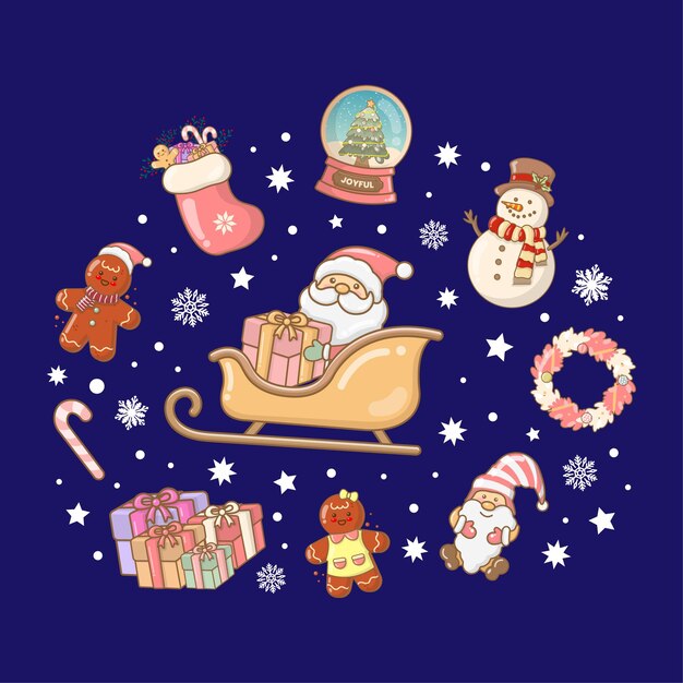 Vector colección de elementos de Navidad en diseño plano regalo de Papá Noel Rudolph