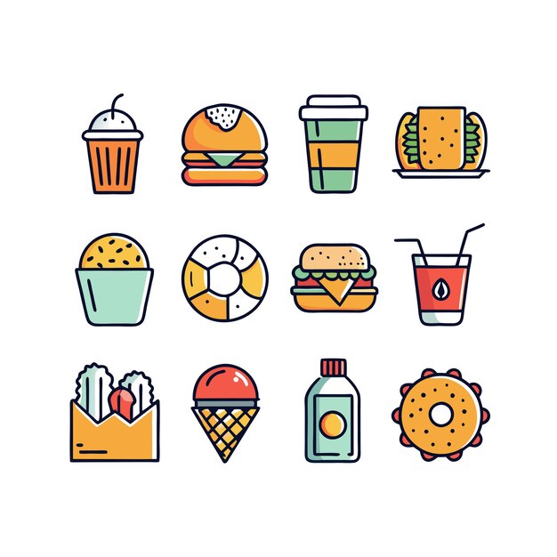 Vector de colección de iconos de alimentos y bebidas para documentos de interfaz de usuario, sitios web y aplicaciones móviles