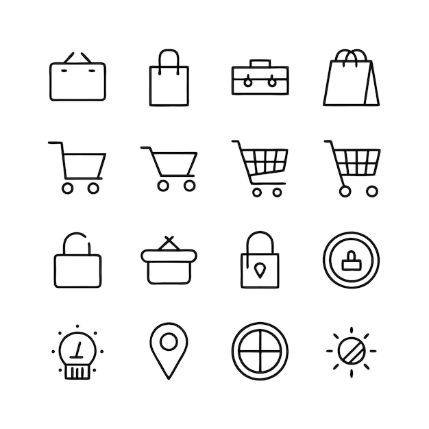 Vector de colección de iconos de comercio electrónico y compras para documentos de interfaz de usuario, sitios web y aplicaciones móviles