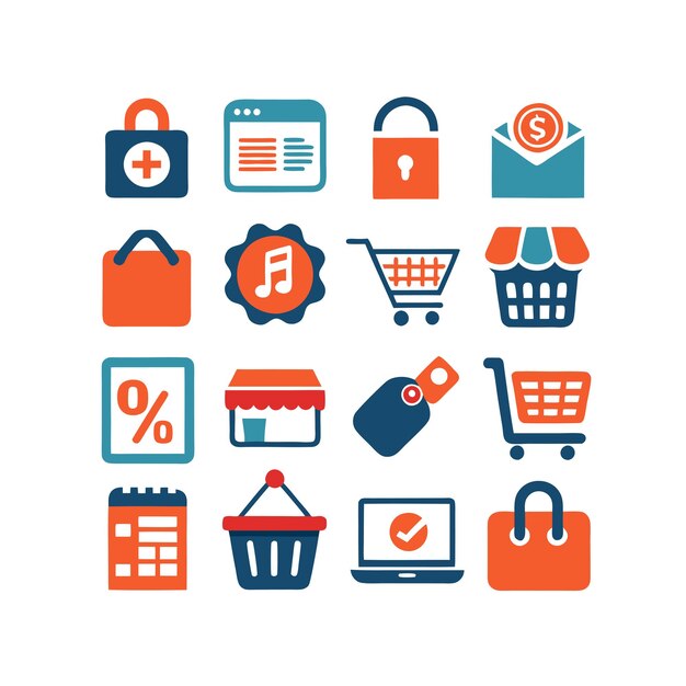 Vector de colección de iconos de comercio electrónico y compras para documentos de interfaz de usuario, sitios web y aplicaciones móviles