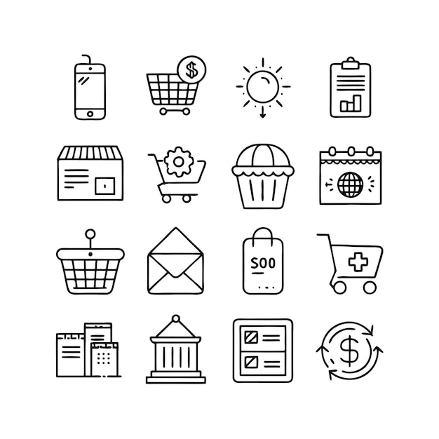 Vector de colección de iconos de comercio electrónico y compras para documentos de interfaz de usuario, sitios web y aplicaciones móviles