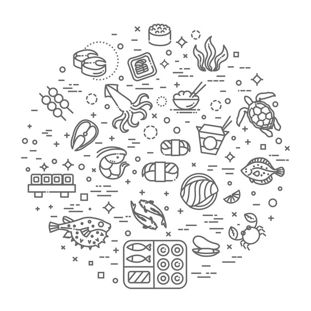 Vector de colección de iconos de contorno de pescado y marisco para menú de restaurante