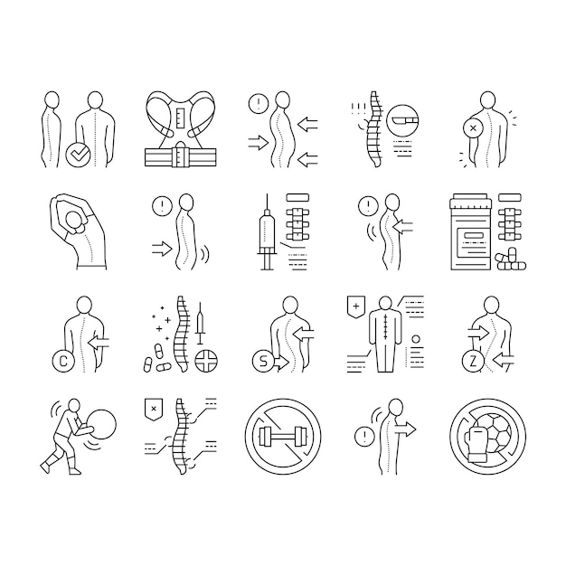 Vector de la colección de íconos de la enfermedad de la escoliosis